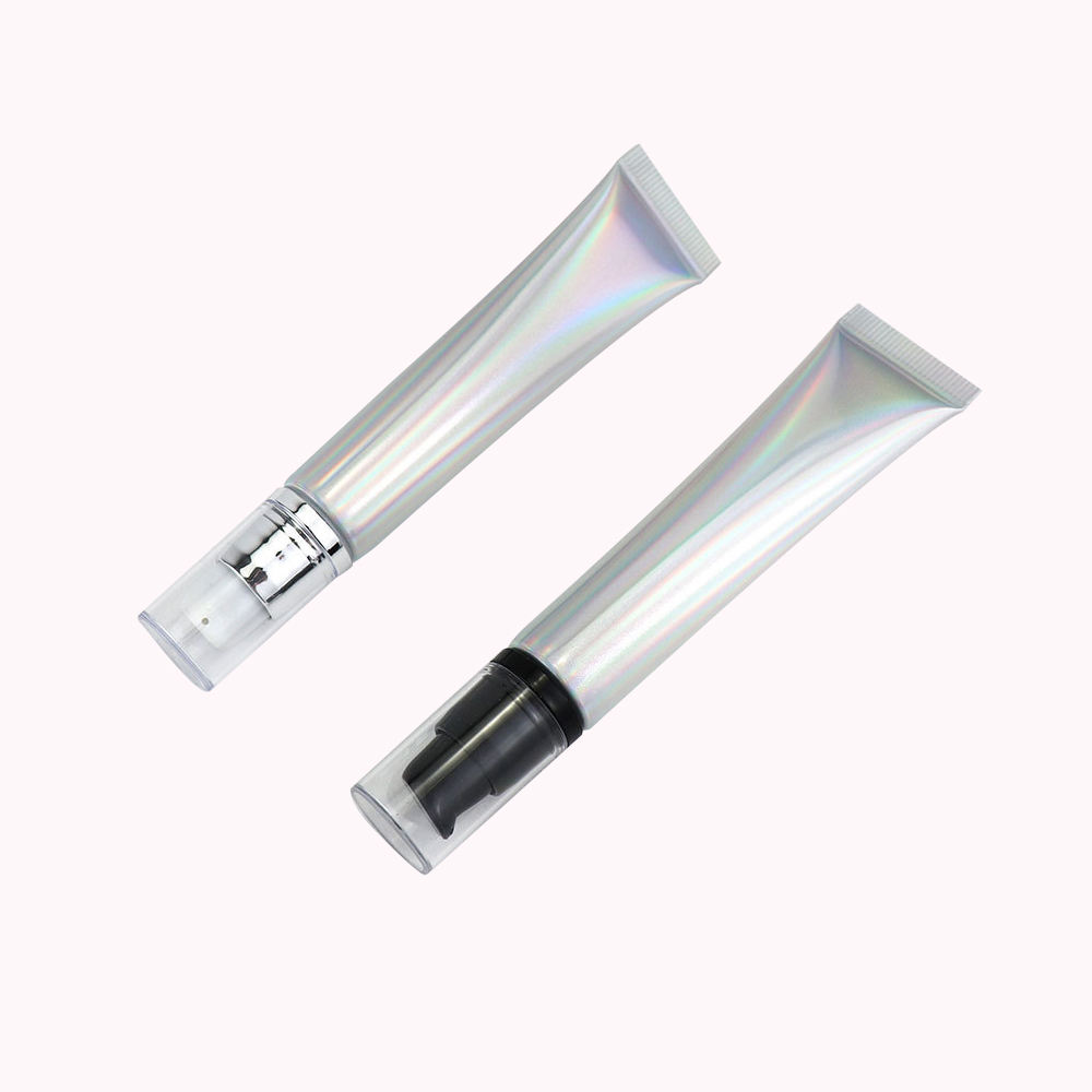 Tubo de plástico de aluminio suave cosmético vacío de 20g y 20ml con tapa de bomba sin aire, exprimidor láser plateado para embalaje de crema facial con protección solar