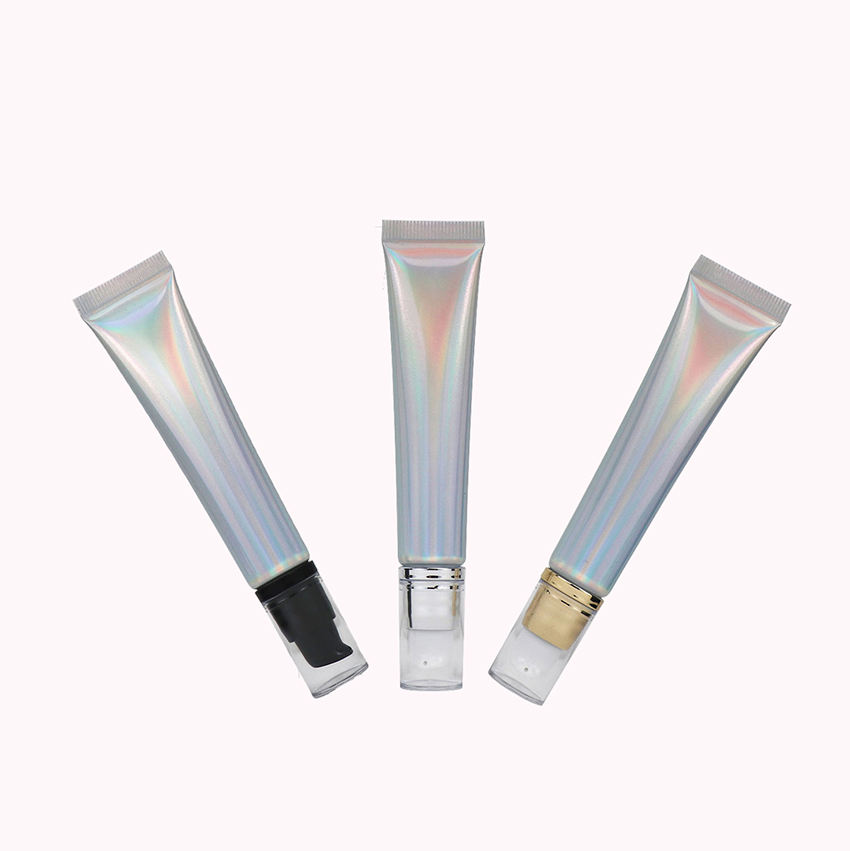 Tubo de plástico de aluminio suave cosmético vacío de 20g y 20ml con tapa de bomba sin aire, exprimidor láser plateado para embalaje de crema facial con protección solar