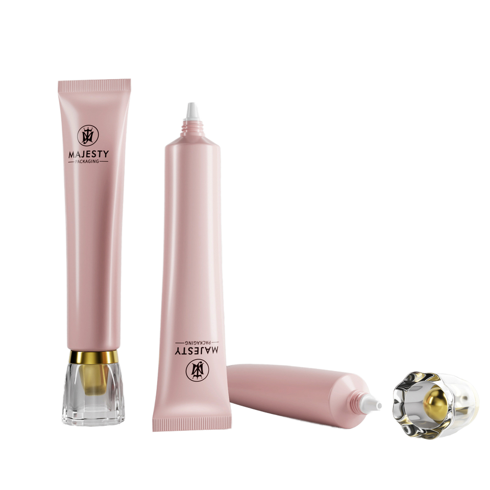 Tubo de plástico de embalaje suave personalizado para base BB, crema líquida para ojos, punta para boquilla larga con tapa acrílica para protector solar de labios