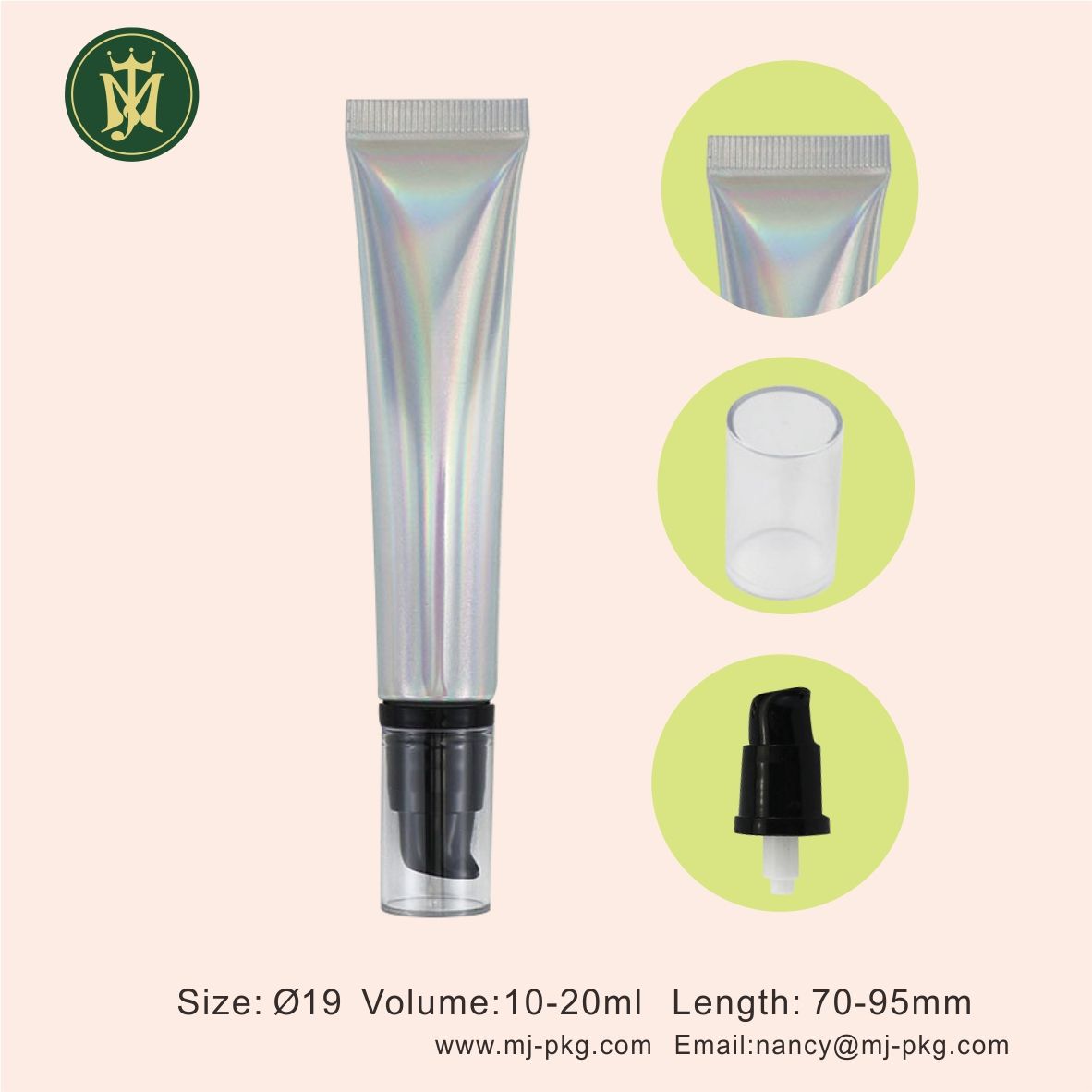 Tubo de plástico de aluminio suave cosmético vacío de 20g y 20ml con tapa de bomba sin aire, exprimidor láser plateado para embalaje de crema facial con protección solar