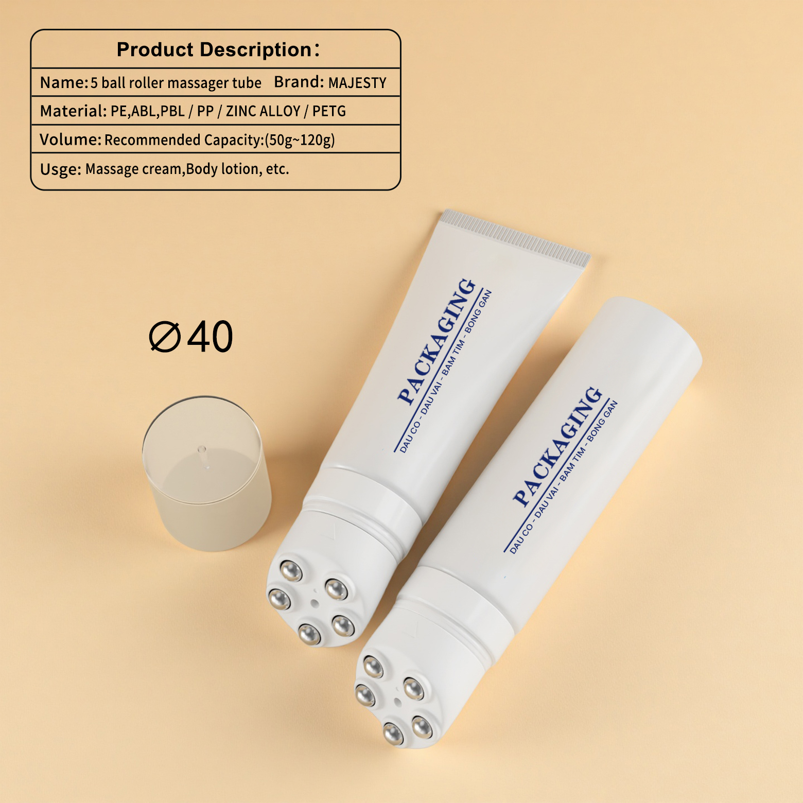 Tubo de masaje de plástico personalizado de 40 mm de 40 mm con cinco bola de rodillo de metal 