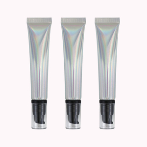 Tubo de plástico de aluminio suave cosmético vacío de 20g y 20ml con tapa de bomba sin aire, exprimidor láser plateado para embalaje de crema facial con protección solar
