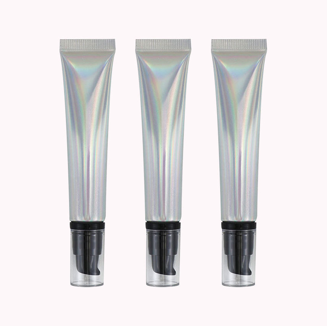 Tubo de plástico de aluminio suave cosmético vacío de 20g y 20ml con tapa de bomba sin aire, exprimidor láser plateado para embalaje de crema facial con protección solar