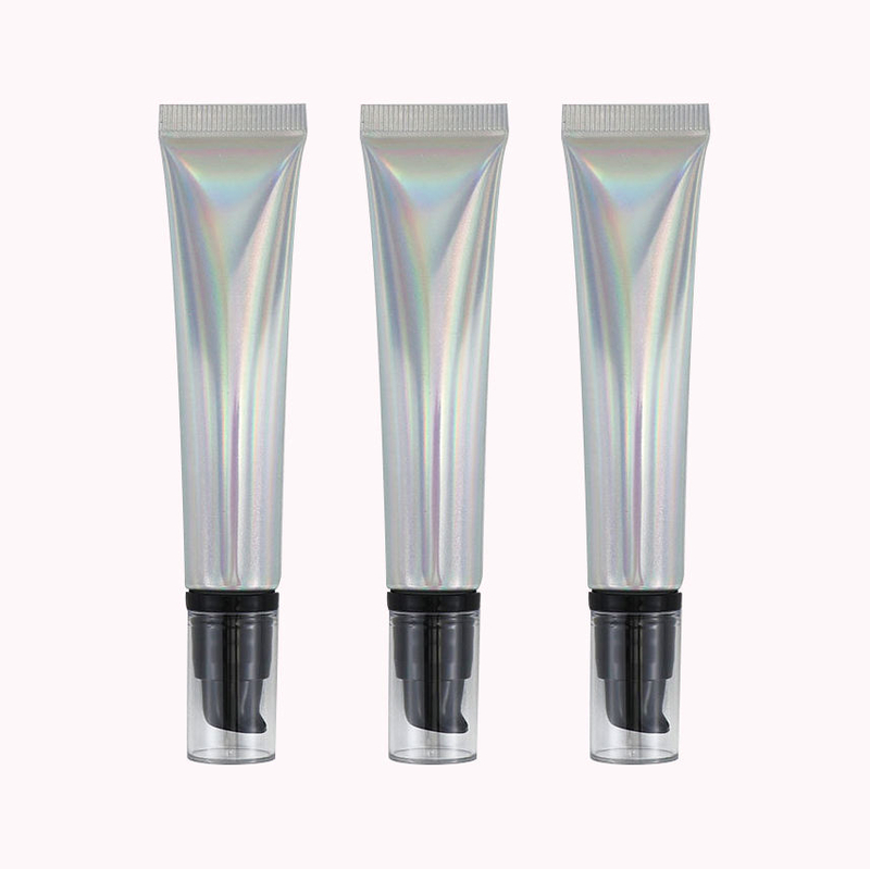 Tubo de plástico de aluminio suave cosmético vacío de 20g y 20ml con tapa de bomba sin aire, exprimidor láser plateado para embalaje de crema facial con protección solar