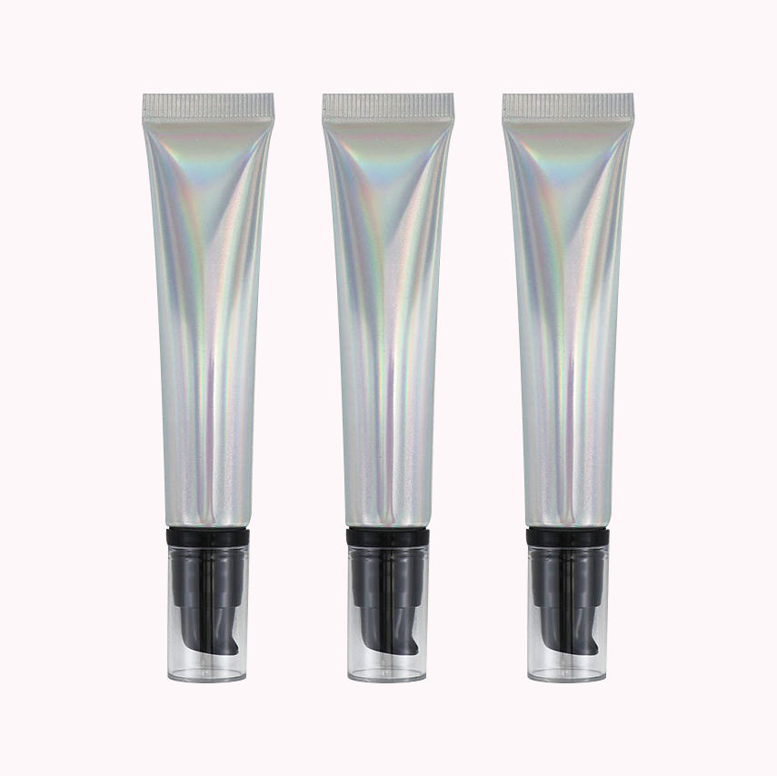 Tubo de plástico de aluminio suave cosmético vacío de 20g y 20ml con tapa de bomba sin aire, exprimidor láser plateado para embalaje de crema facial con protección solar
